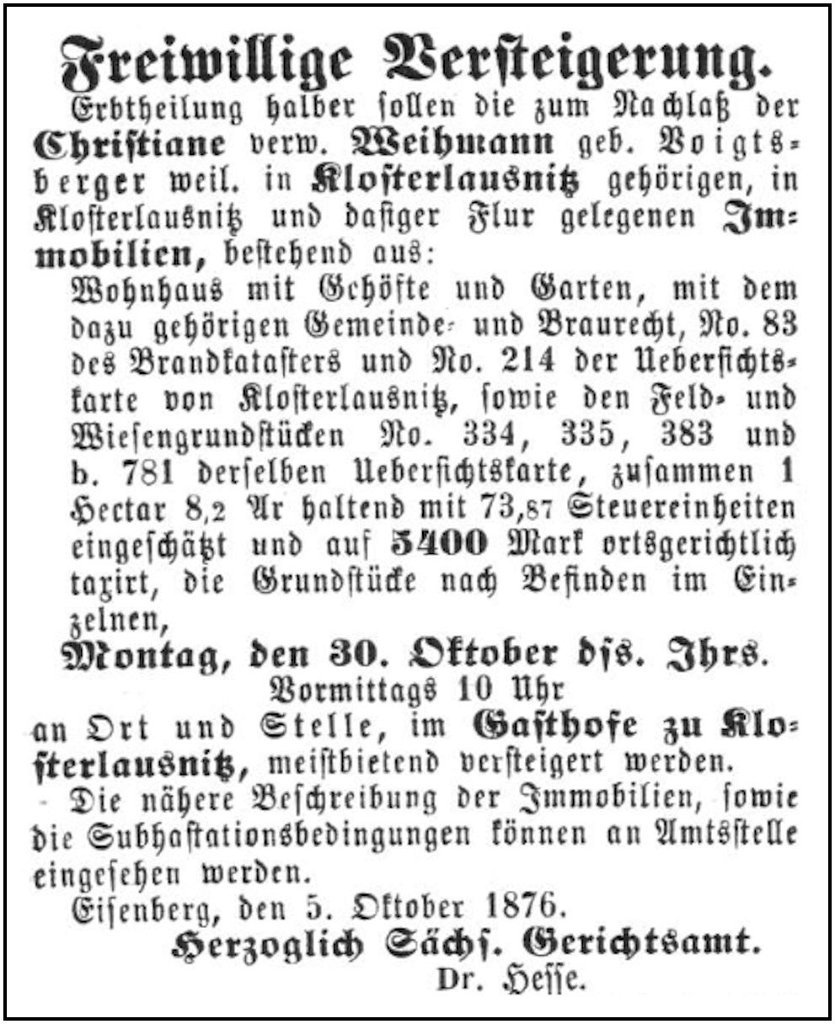 1876-10-30 Kl Versteigerung Weihmann